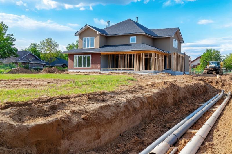 A trench with underground plumbing pipes near a house under construction