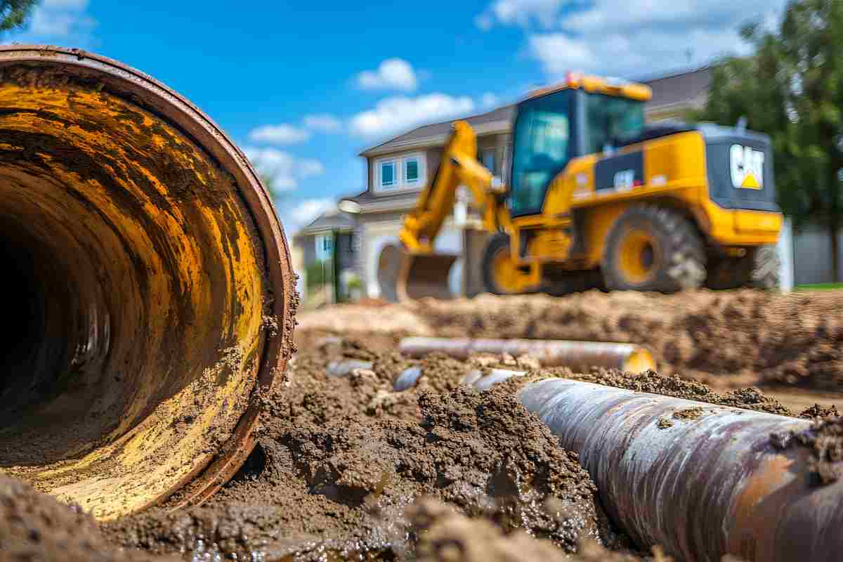 Underground Utility Installation in Residential Subdivision  Yellow Pipes, Excavated Earth, and Heavy Equipment in the Background