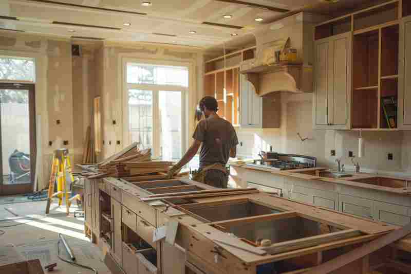 Focused carpenter measuring and installing wooden cabinets in a spacious, sunlit kitchen during a home renovation..