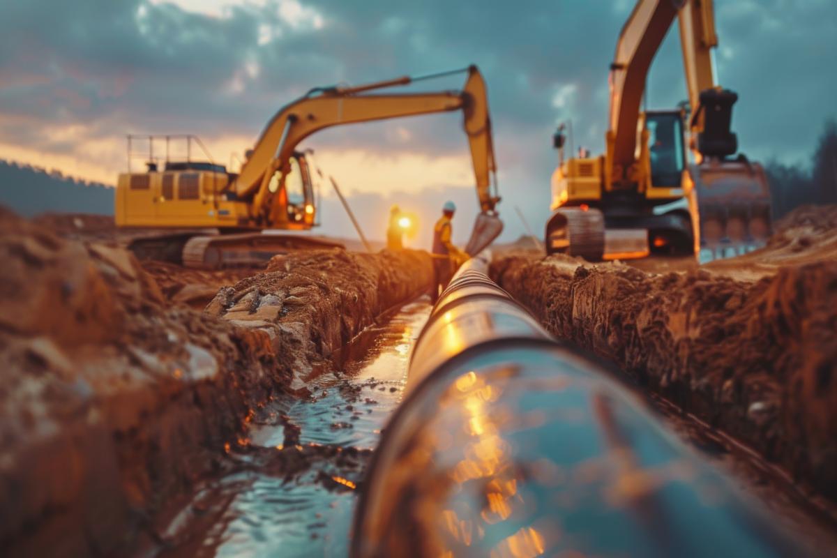 High-detail photo of a gas pipeline construction crew laying new pipes in a field
