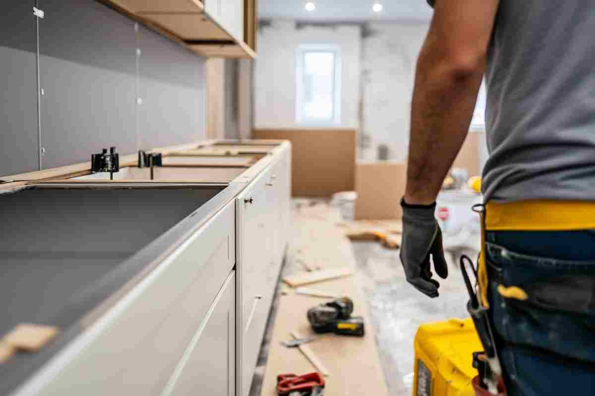 A man stands in a half-finished kitchen, overseeing the installation of white cabinets while tools and materials are scattered across the floor