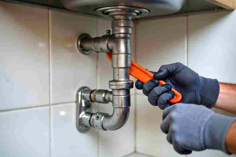 Plumber repairs water pipe under kitchen sink. Uses wrench to fix leak blockage. Maintenance work on plumbing system shown. Kitchen sink drain repaired. Home house location. Photo represents