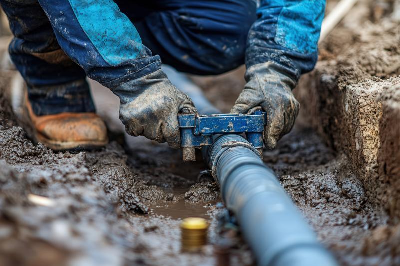 A construction worker cutting metal pipes with a pipe cutter, preparing them for installation in the plumbing system of a new residential or commercial building.