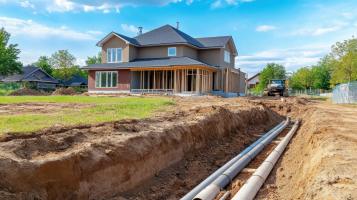 A trench with underground plumbing pipes near a house under construction