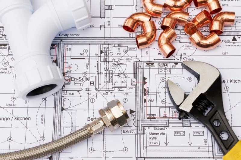 Blueprint With Plumbing Accessories On Top