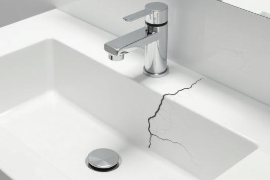A Modern White Vessel Sink with a Noticeable Crack and a Chrome Faucet