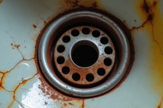 An aged rusty bathtub surface featuring a metal drain hole. A dirty and cracked bath or sink with red rust stains, shown in close-up. Corrosion and unsanitary concept, with copy space.