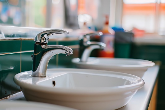 A sink with a silver faucet is in a bathroom
