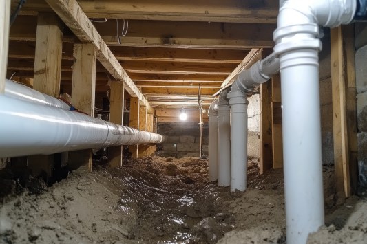 Old PVC plumbing system in crawlspace beneath house featuring hot and cold water supply pipes for bathroom sink and shower installation
