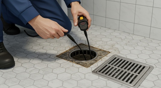 A person using a drain camera to inspect a clogged drain in a bathroom with hexagon tile flooring