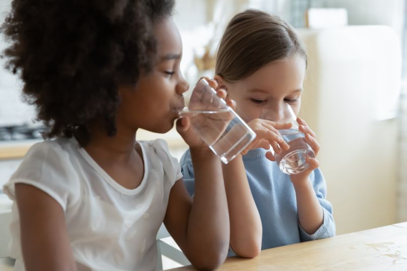 Two Little Girls Drinking Water From An Acid Neutralizer Water Treatment System