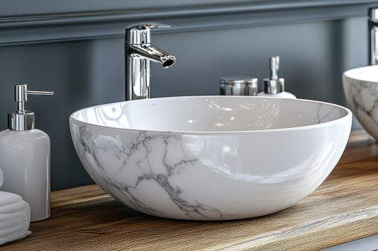 Modern double marble sinks in bathroom