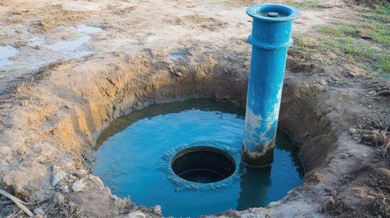 Submersible Well Pump Placed In Deep Well With Clear Vertical Alignment
