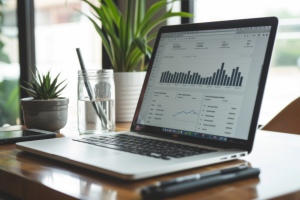 Laptop with Financial Graphs on Desk with Plants and Glass of Water