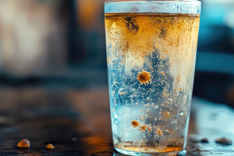 Close-up of a drinking glass filled with dirty water, containing visible bacteria and viruses, illustrating the risks of contaminated water