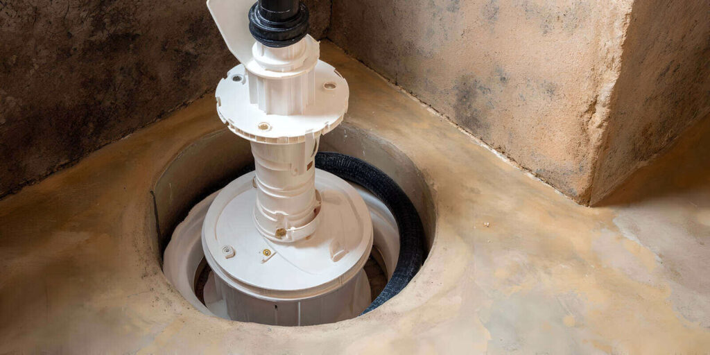 clean, white sump pump is neatly installed within a concrete pit in a basement setting