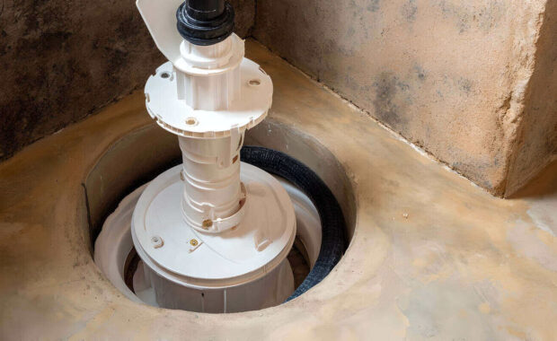 clean, white sump pump is neatly installed within a concrete pit in a basement setting