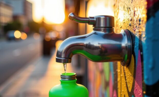 close-up of a water faucet with a green bottle attached