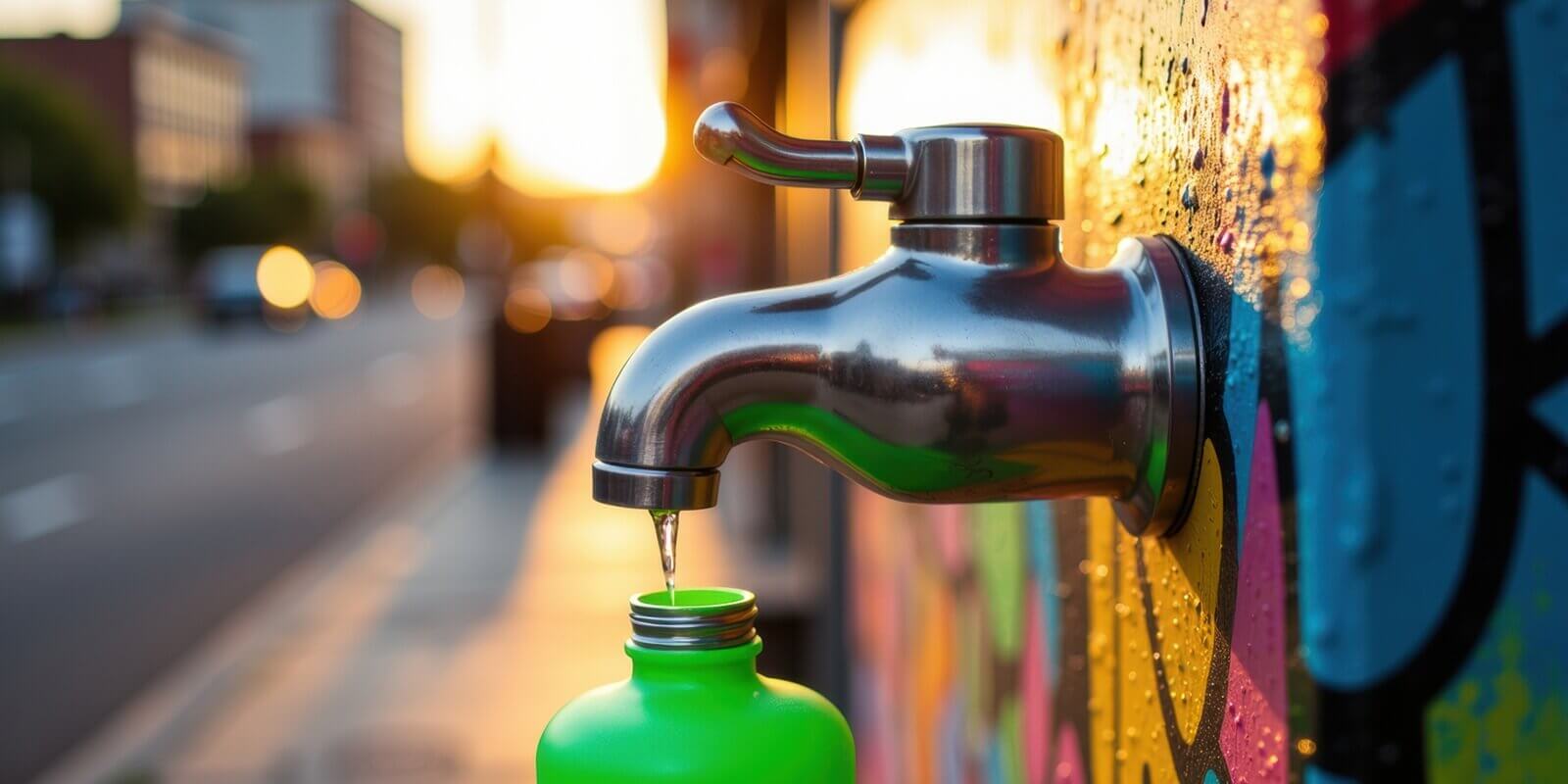 close-up of a water faucet with a green bottle attached
