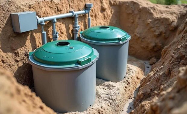 micro sewage water treatment plant installed in trench near home