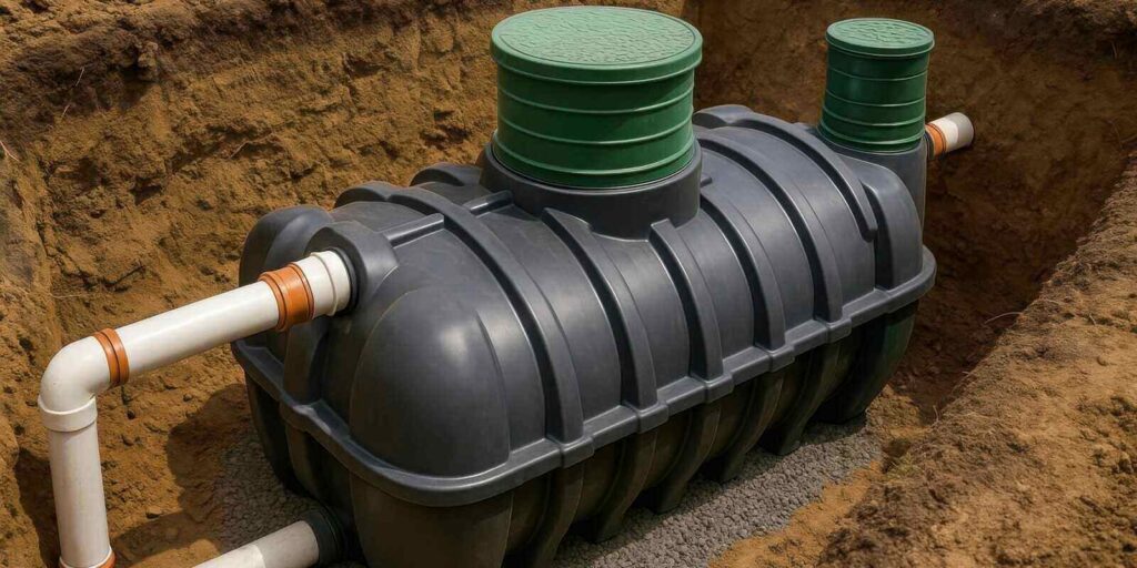 underground plastic septic tank with white PVC pipes installed in soil trench