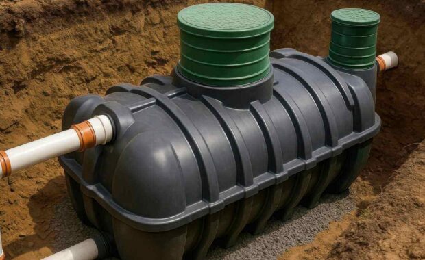 underground plastic septic tank with white PVC pipes installed in soil trench