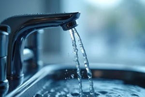 water flows from faucet to sink, clean water