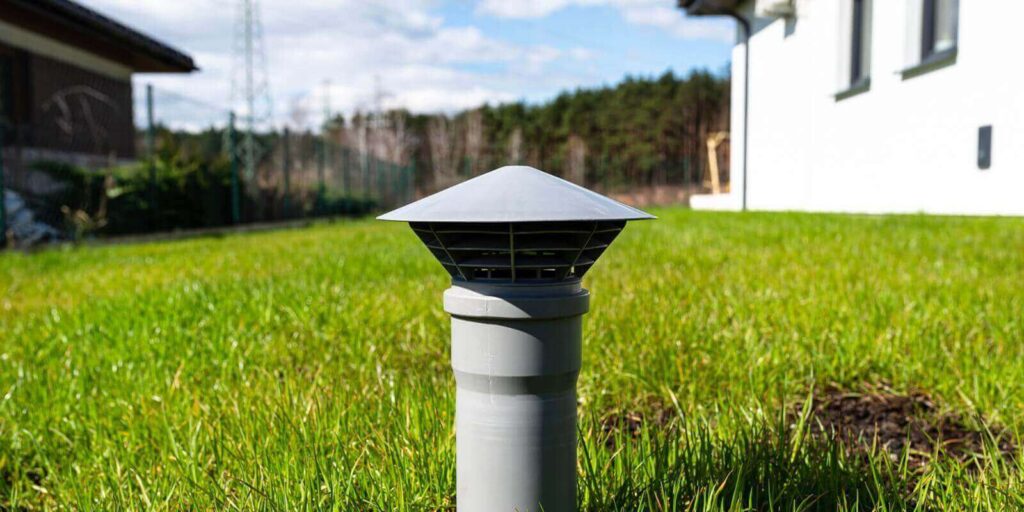 gray vent pipe from a household septic tank without a drain located in the garden