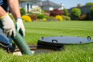 man removing a drainage hose from an open septic tank cover in a green lawn