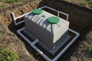 newly installed septic tank is nestled in a dug-out pit in the ground