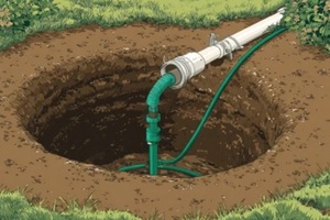 outdoor well with a green pipe and white PVC pipe