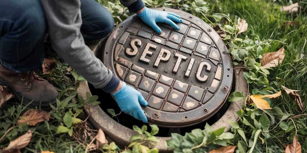 person opening a septic tank lid for inspection and maintenance