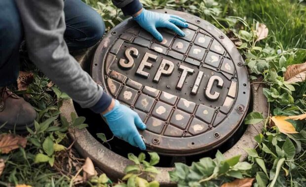 person opening a septic tank lid for inspection and maintenance