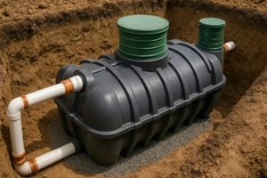 underground plastic septic tank with white PVC pipes installed in soil trench