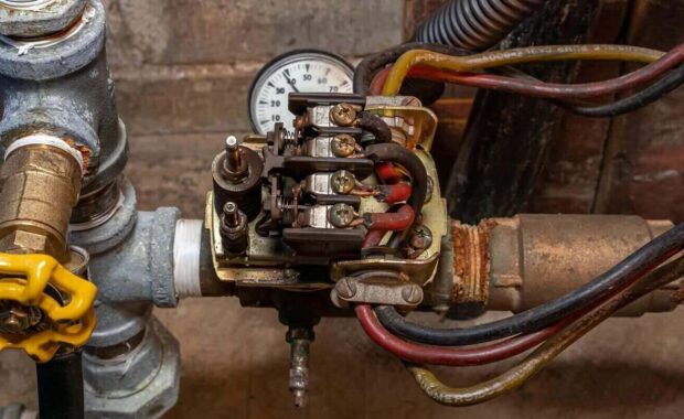 well water pump pressure switch and plumbing pipes