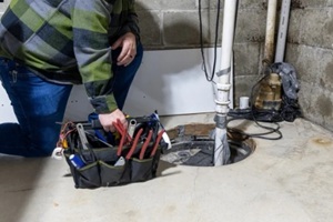 handyman with tool bag looking at home repair in basement at sum pump well