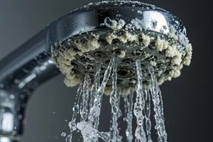 clogged showerhead with hard water buildup and weak water flow