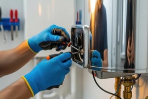 close-up of a plumber working on a water heater with tools in a clean environment