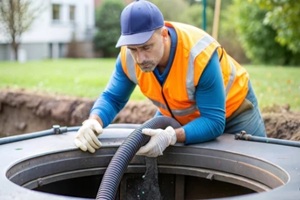 man cleaning septic tank for sewage removal and maintenance service