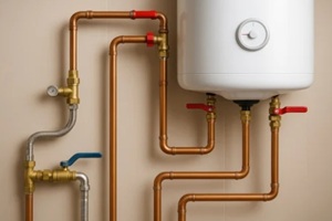 modern water heater system with copper pipes and gauges installed on a wall background showcasing