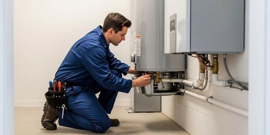 professional plumber technician servicing residential water heater system in utility room