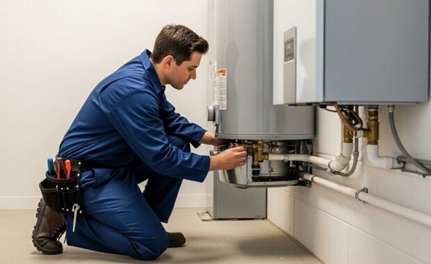 professional plumber technician servicing residential water heater system in utility room