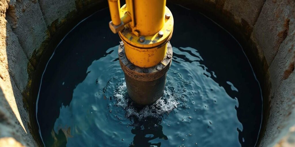 shot submersible pump lowering into dark water reservoir