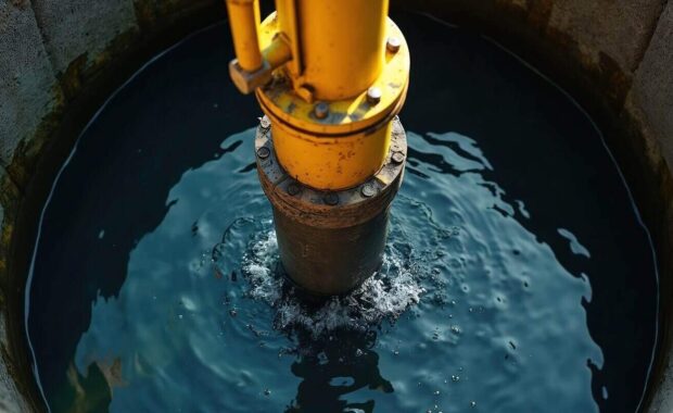 shot submersible pump lowering into dark water reservoir