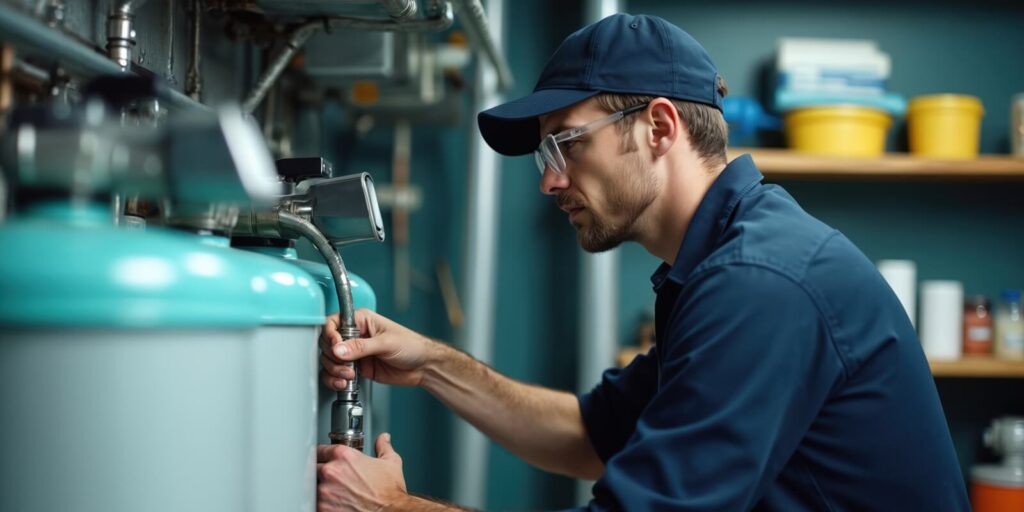 skilled plumber in blue uniform adjusts pipes on water softener system
