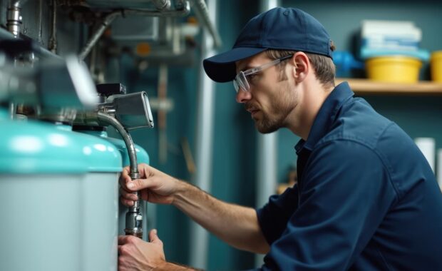 skilled plumber in blue uniform adjusts pipes on water softener system