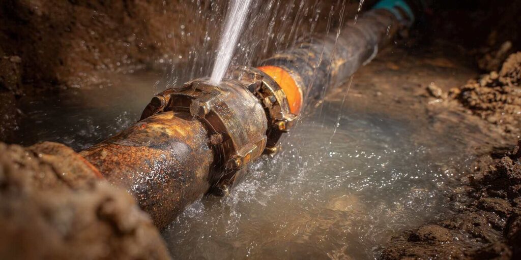burst sewer pipeline with leaking joint