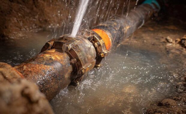 burst sewer pipeline with leaking joint