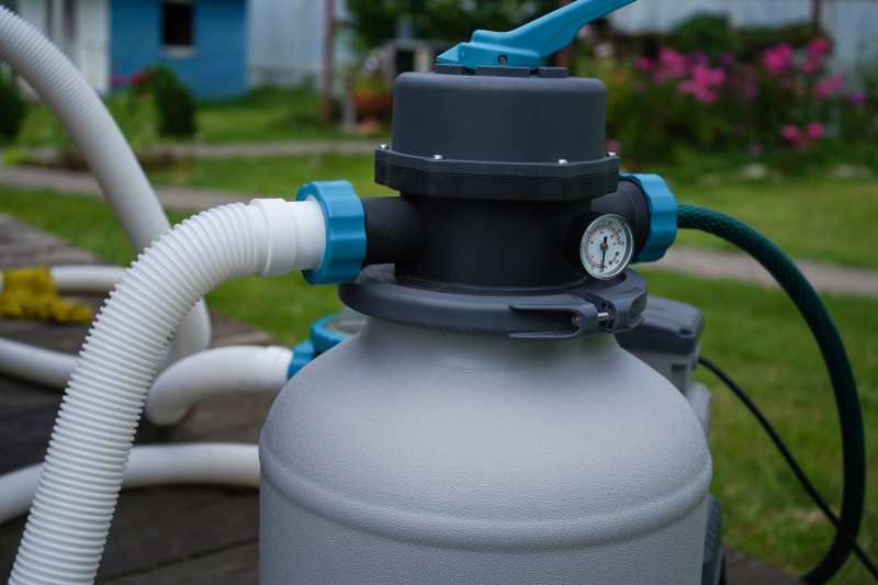 The circulation pump for the filtration and ozone treatment system to keep an outdoor pool clean.