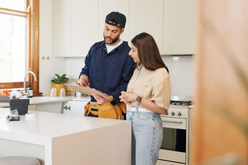 Woman, kitchen and plumber with contract on clipboard for maintenance service, information and repairs. House, discussion and man with notes in checklist for renovation, inspection or client feedback.
